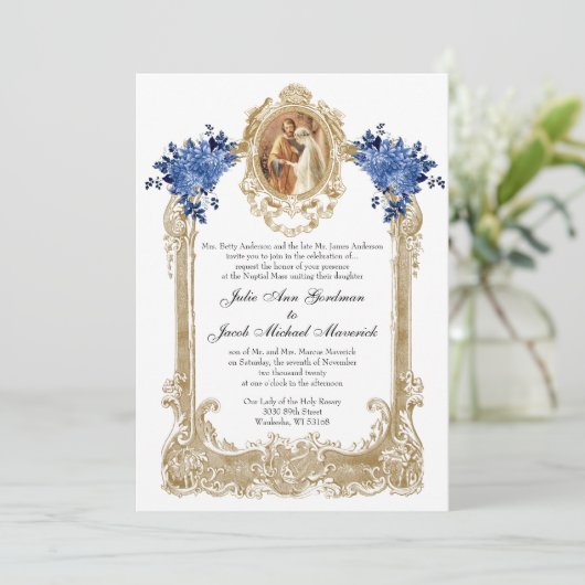 KATHOLIEKE BLAUWE BLOEMEN BRUILOFT UITNODIGINGEN (Staand voorkant)