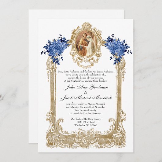 KATHOLIEKE BLAUWE BLOEMEN BRUILOFT UITNODIGINGEN (Voorkant / Achterkant)