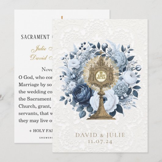 Katholieke blauwe bloemige monstrans trouw heilige kaart (Voorkant / Achterkant)