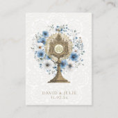 Katholieke blauwe bloemige monstrans trouw heilige visitekaartje (Voorkant)