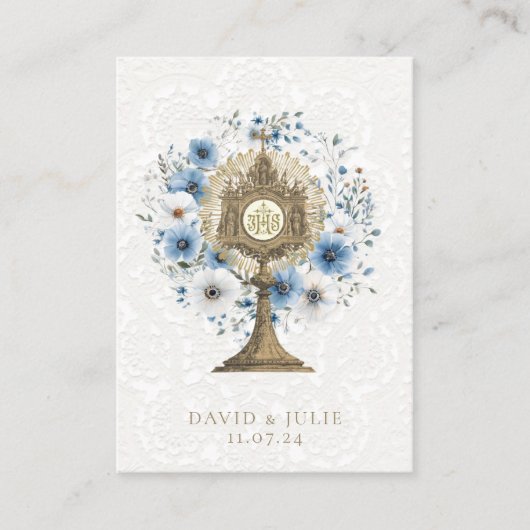 Katholieke blauwe bloemige monstrans trouw heilige visitekaartje (Voorkant)