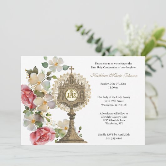 Katholieke Bloemen Communie Eucharistie Meisje Kaart (Staand voorkant)