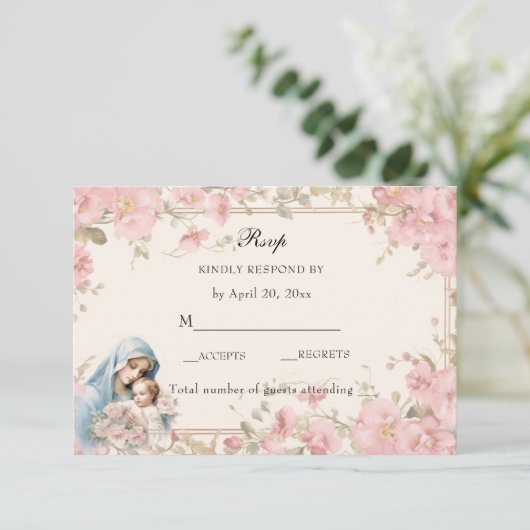 Katholieke Bloemen Gezegende Maria Roze Bloemen RSVP Kaartje (Staand voorkant)
