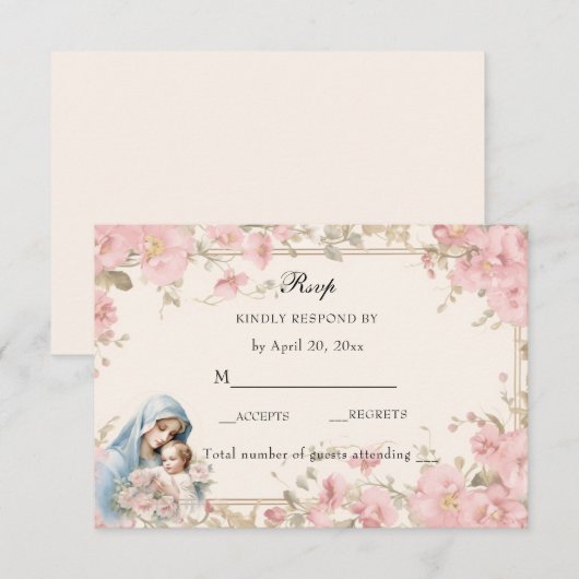 Katholieke Bloemen Gezegende Maria Roze Bloemen RSVP Kaartje (Voorkant / Achterkant)