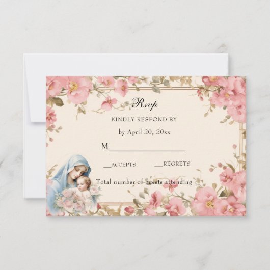 Katholieke Bloemen Gezegende Maria Roze Bloemen RSVP Kaartje (Voorkant)