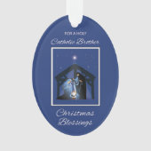 Katholieke Broer Kerstmis Zegeningen Manger Blauw Ornament (voorkant)