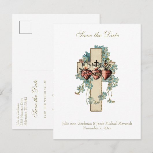 Katholieke bruiloft drie harten Bloemen Aankondigingskaart (Voorkant / Achterkant)