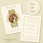 katholieke bruiloft Elegant Save the Date<br><div class="desc">Met een prachtig ,  traditioneel katholiek Briefkaart "Save the Date" met het afbeelding van de verbijsterde moeder en Sint-Joseph op een gouden bloem lijst. Een scriptcitaat is inbegrepen op de voorzijde. De tekst en het ontwerp kunnen worden gewijzigd. We bieden ook coördinerende trouwuitnodigingen,  rsvp,  gunsten,  enz. aan.</div>