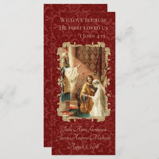 Katholieke bruiloft Favor Scripting Maroon Damask (Voorkant / Achterkant)