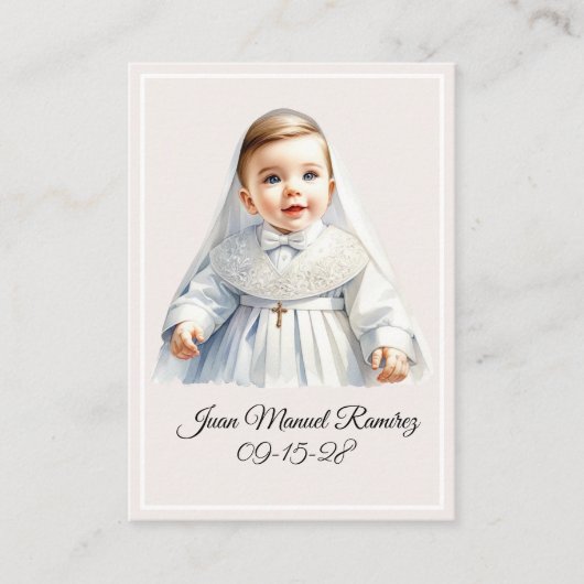Katholieke doop baby jongen beige herinneringskaar visitekaartje (Voorkant)