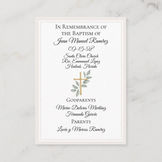 Katholieke doop baby jongen beige herinneringskaar visitekaartje (Achterkant)