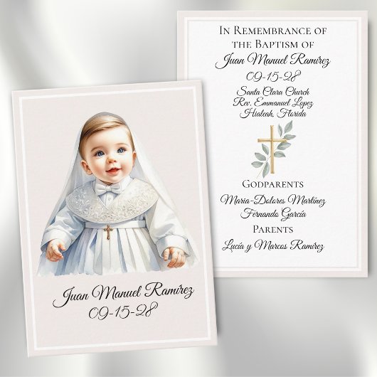 Katholieke doop baby jongen beige herinneringskaar visitekaartje