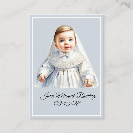 Katholieke doop baby jongen blauwe herinneringskaa visitekaartje (Voorkant)