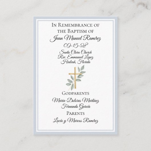 Katholieke doop baby jongen blauwe herinneringskaa visitekaartje (Achterkant)