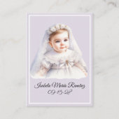 Katholieke doop baby meisje paarse herinneringskaa visitekaartje (Voorkant)