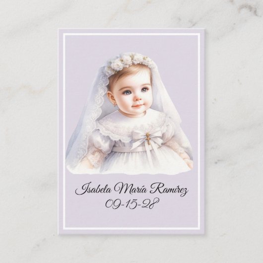 Katholieke doop baby meisje paarse herinneringskaa visitekaartje (Voorkant)