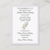 Katholieke doop baby meisje paarse herinneringskaa visitekaartje (Achterkant)