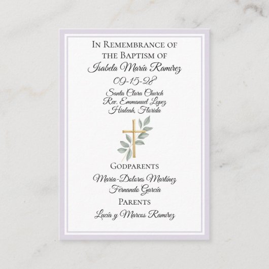 Katholieke doop baby meisje paarse herinneringskaa visitekaartje (Achterkant)