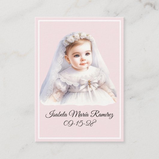 Katholieke doop baby meisje roze herinneringskaart visitekaartje (Voorkant)
