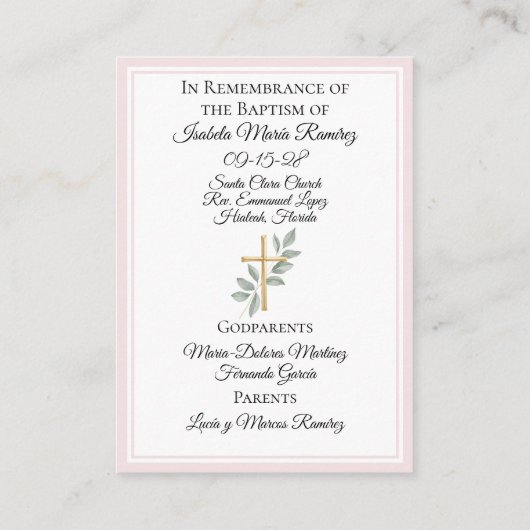 Katholieke doop baby meisje roze herinneringskaart visitekaartje (Achterkant)