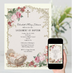 Katholieke Doop Baby Meisje Vintage Rozen Kruis Kaart