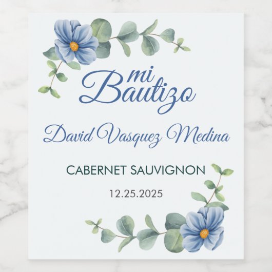 Katholieke doop Bautizo Groene bladeren Blauwe blo Wijn Etiket (Enkel label)