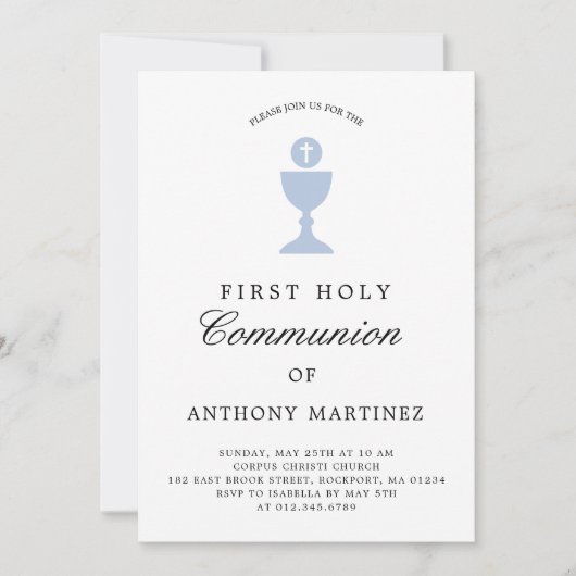 Katholieke Eerste Communie Dusty Blue White Kaart (Voorkant)