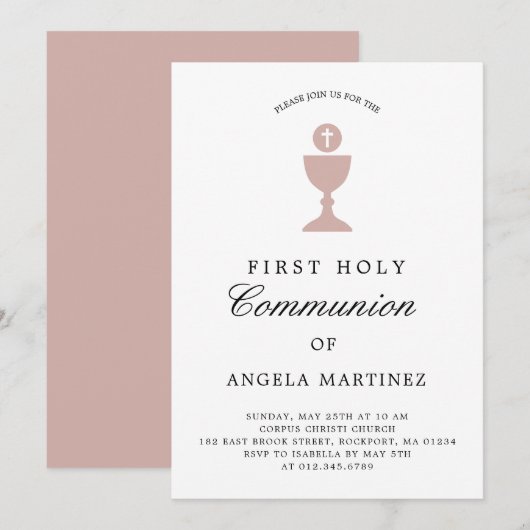 Katholieke Eerste Communie Dusty Pink White Kaart (Voorkant / Achterkant)