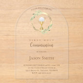 Katholieke Eerste Communie Gouden Cirkel Groene bl Acryl Uitnodigingen (Voorkant)