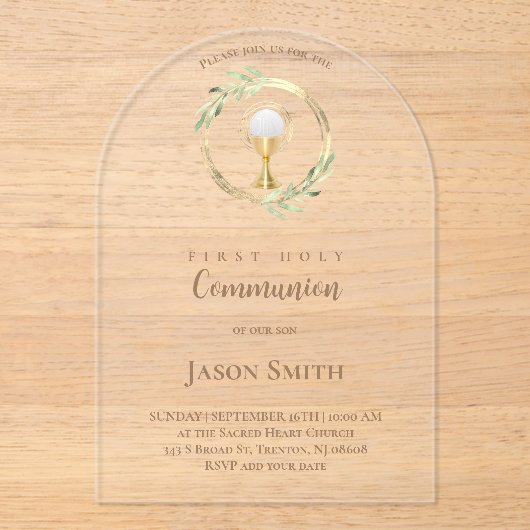 Katholieke Eerste Communie Gouden Cirkel Groene bl Acryl Uitnodigingen (Voorkant)