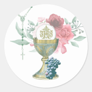 Katholieke Eerste Heilige Communie Floral Rosary Ronde Sticker
