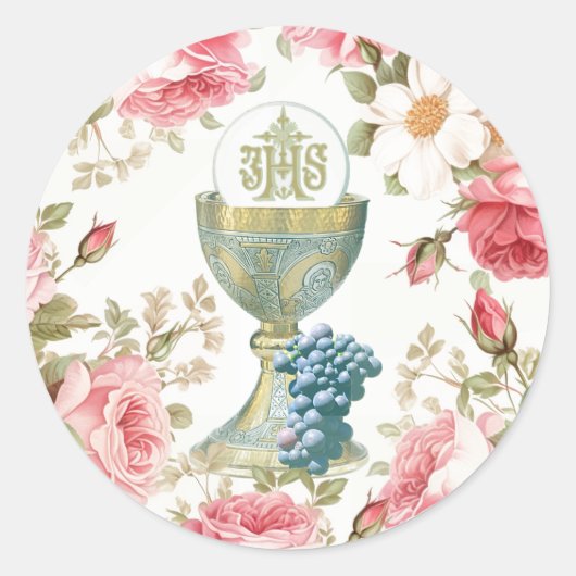 Katholieke Eerste Heilige Communie roze rozen Ronde Sticker (Voorkant)