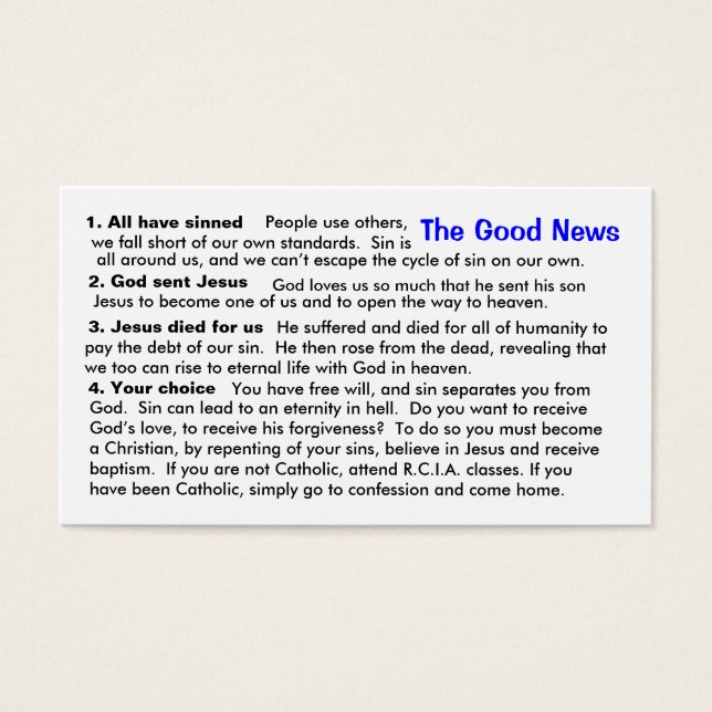 Katholieke Evangelisatie "Cheat-Sheet" Kaart (Voorkant)