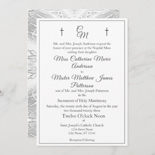 Katholieke Faux-Satin Monogrammed Wedding Invitati Kaart (Voorkant / Achterkant)