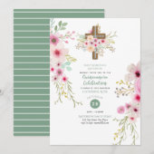 Katholieke Floral Cross Quinceanera Noite Sage Pin Kaart (Voorkant / Achterkant)
