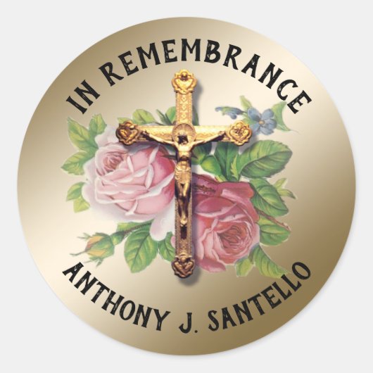 Katholieke Funeral Sympathie Crucifix Rozen Ronde Sticker (Voorkant)