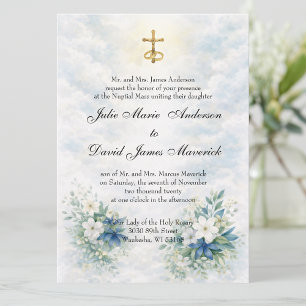 Katholieke gouden crucifix blauwe en witte bloemen kaart