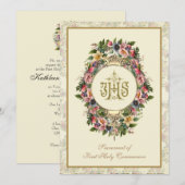 Katholieke Heilige Communie Bloemen Goud IHS Kaart (Voorkant / Achterkant)