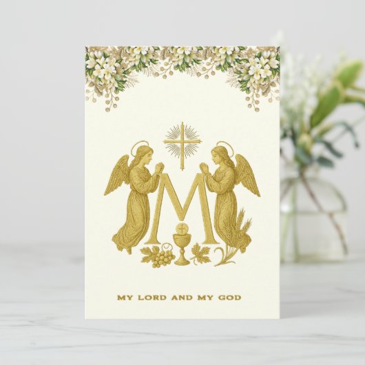 Katholieke Heilige Communie Engelen Bloemen Kaart (Staand voorkant)