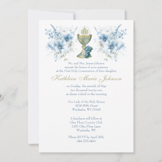 Katholieke Heilige Communie Lichtblauw Bloemen Kaart (Achterkant)