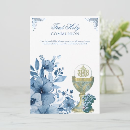 Katholieke Heilige Communie Stoffig Blauw Bloemen Kaart (Staand voorkant)