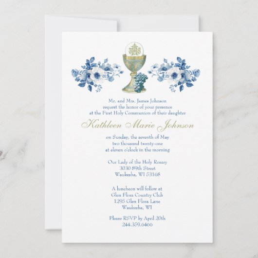 Katholieke Heilige Communie Stoffig Blauw Bloemen Kaart (Achterkant)