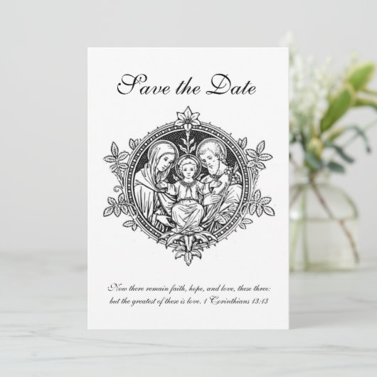 Katholieke Heilige Familie in zwart-wit Save The Date (Staand voorkant)
