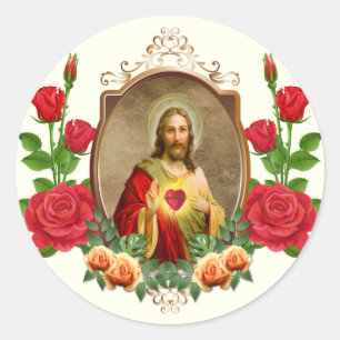 Katholieke Heilige Hart Jezus Rozen Elegant Ronde Sticker