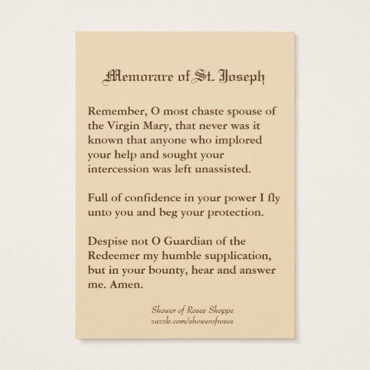 Katholieke Heilige Kaarten Joseph Memorare Prayer Visitekaartje (Achterkant)