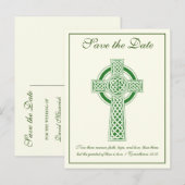 Katholieke Ivory Green Celtic Cross Wedding Aankondigingskaart (Voorkant / Achterkant)