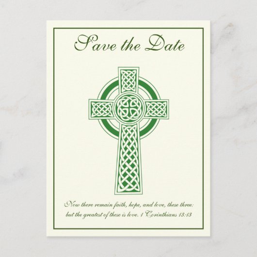 Katholieke Ivory Green Celtic Cross Wedding Aankondigingskaart (Voorkant)