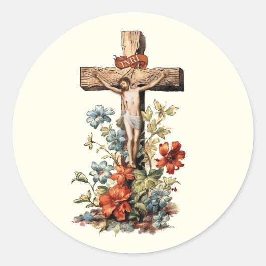 Katholieke Jezus Kruisiging Bloemen Kruis Ronde Sticker (Voorkant)