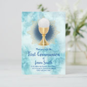 Katholieke jongen Eerste Communie blauw marmer Kaart (Staand voorkant)