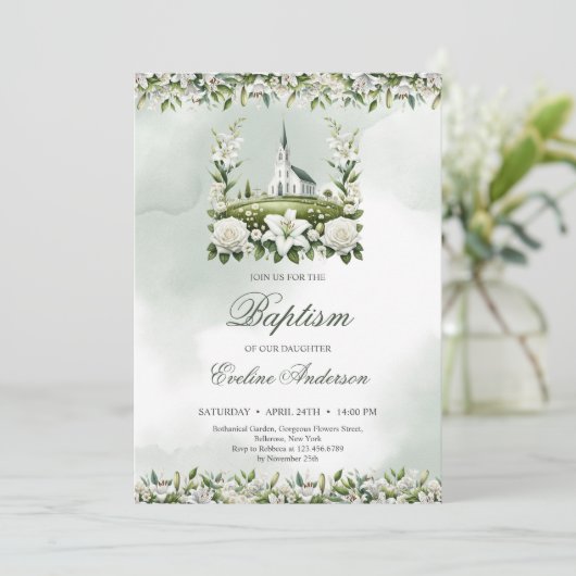 Katholieke Kerk waterverf Lelies & rozen Doop Kaart (Staand voorkant)